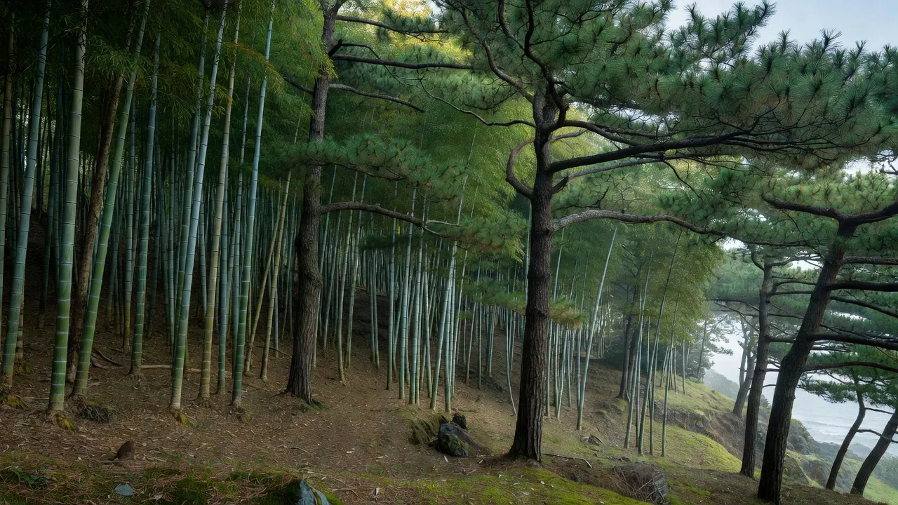 竹林と松の交わる海岸