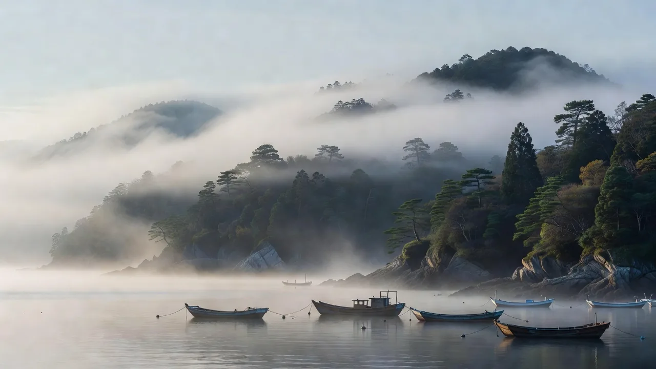 朝霧に包まれる海岸線