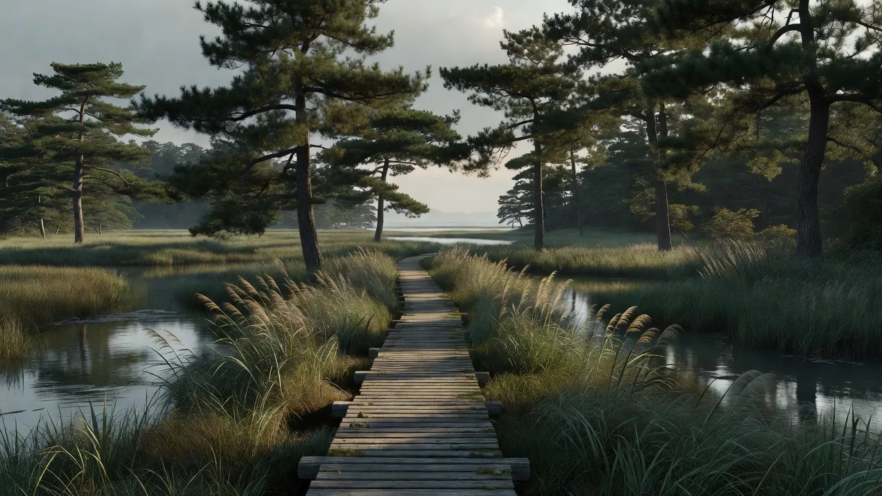 Wooden boardwalk crossing the coastal wetland