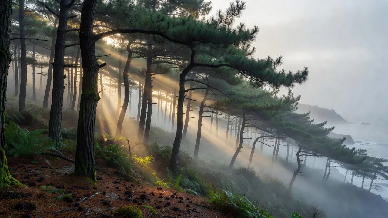 霧に包まれた松林 — Misty pine forest at Evergreen Harbor Point