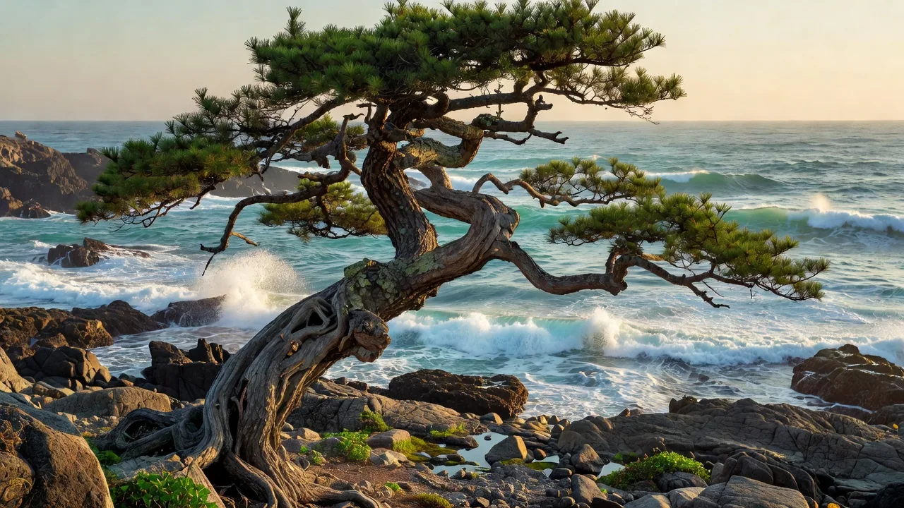 海岸に立つ老松