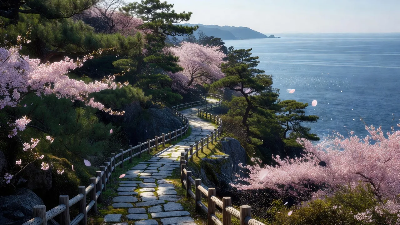 桜と海岸線、春の景色