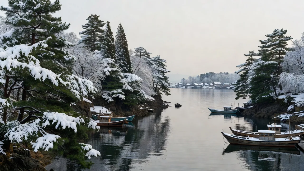冬、雪化粧した海岸線